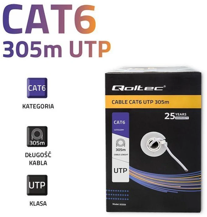 QOLTEC 50359 UTP network cable CAT6 305m PVC pilkas