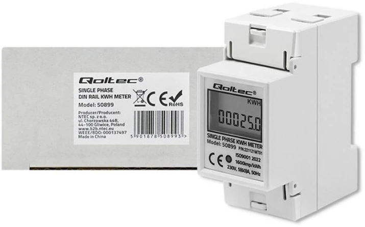 QOLTEC 50899 vienfazis elektroninis energijos suvartojimo matuoklis 230V LCD 2P DIN bėgis