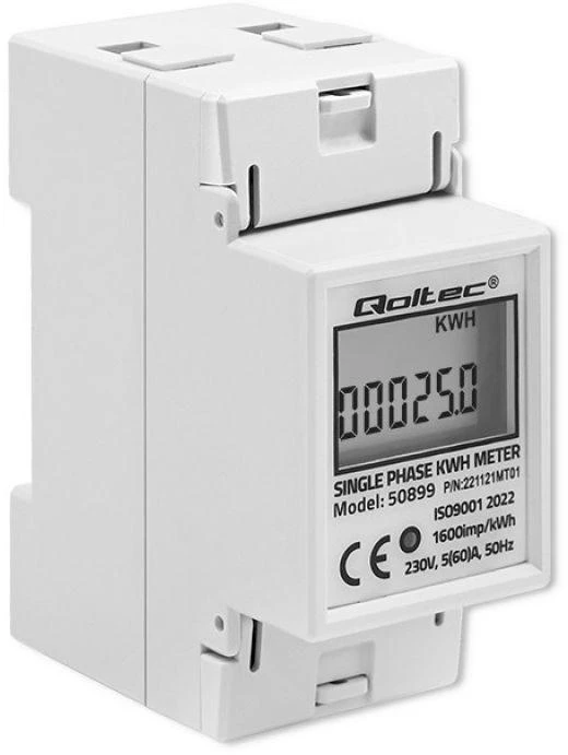 QOLTEC 50899 vienfazis elektroninis energijos suvartojimo matuoklis 230V LCD 2P DIN bėgis