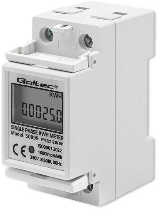 QOLTEC 50899 vienfazis elektroninis energijos suvartojimo matuoklis 230V LCD 2P DIN bėgis
