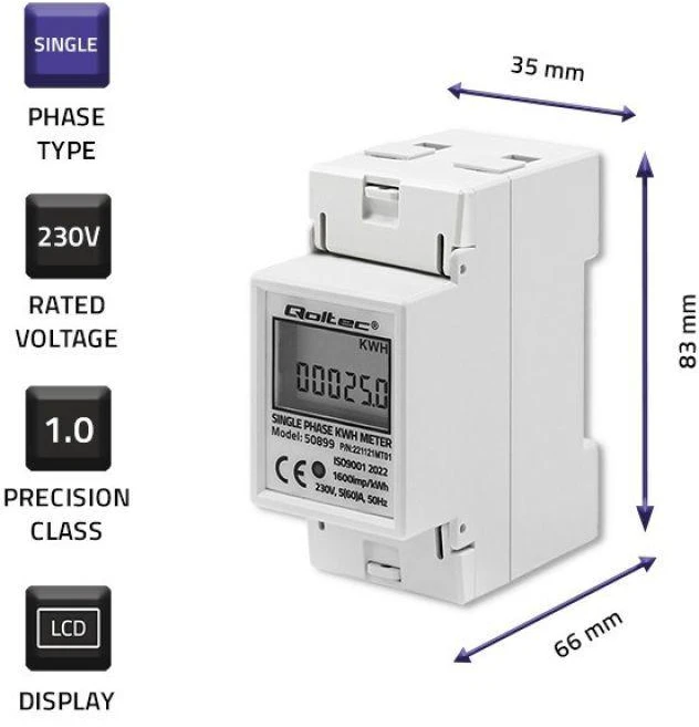 QOLTEC 50899 vienfazis elektroninis energijos suvartojimo matuoklis 230V LCD 2P DIN bėgis