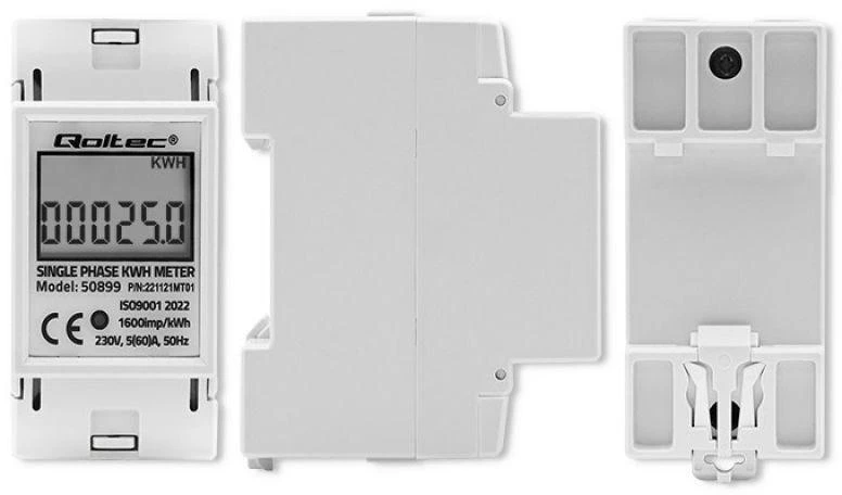 QOLTEC 50899 vienfazis elektroninis energijos suvartojimo matuoklis 230V LCD 2P DIN bėgis