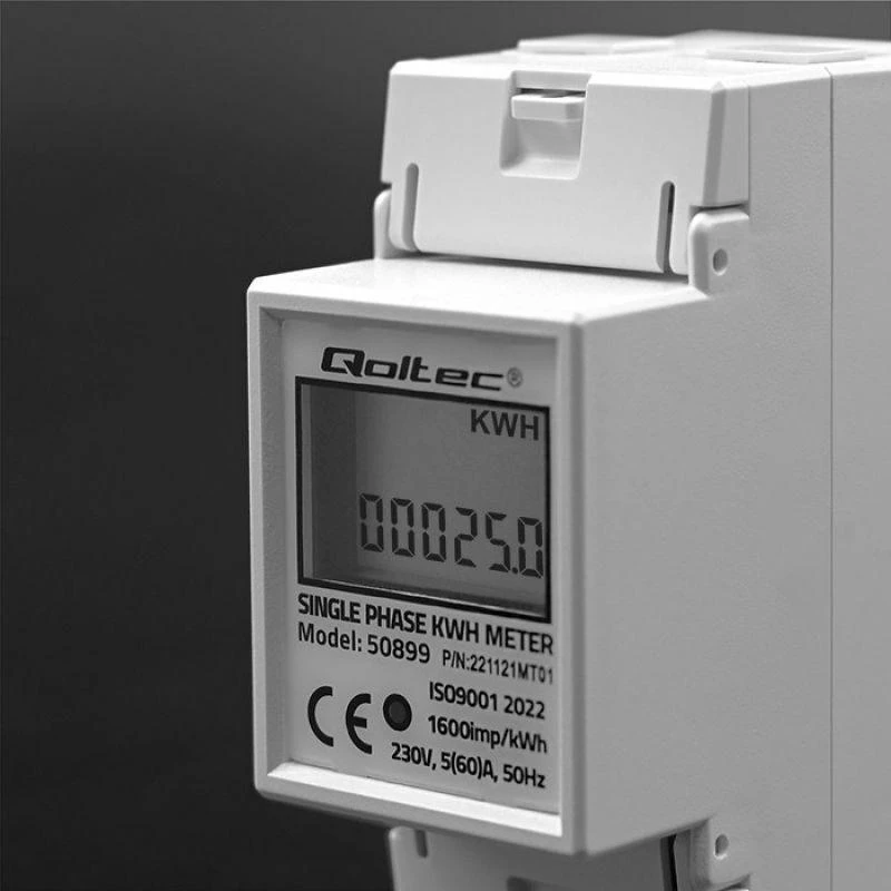 QOLTEC 50899 vienfazis elektroninis energijos suvartojimo matuoklis 230V LCD 2P DIN bėgis