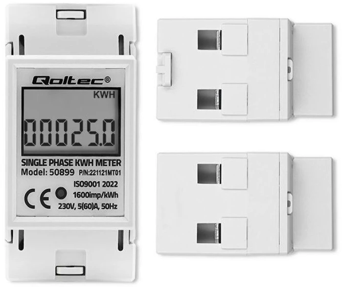 QOLTEC 50899 vienfazis elektroninis energijos suvartojimo matuoklis 230V LCD 2P DIN bėgis