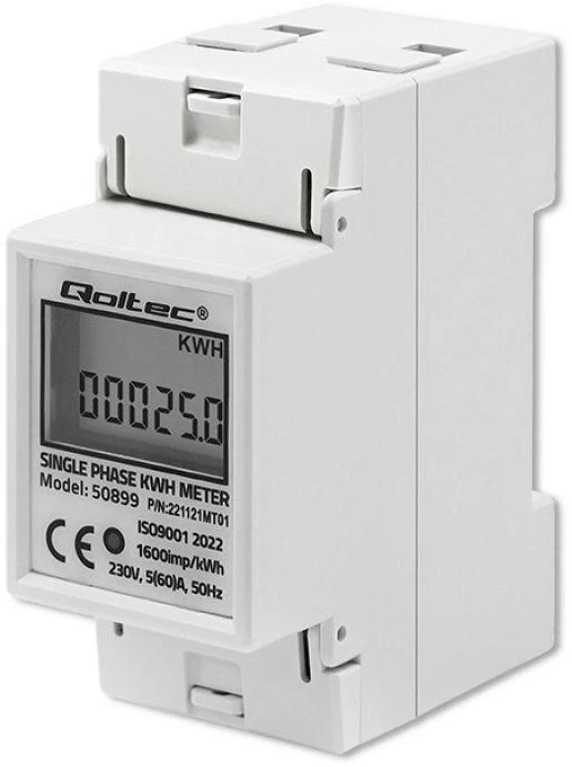 QOLTEC 50899 vienfazis elektroninis energijos suvartojimo matuoklis 230V LCD 2P DIN bėgis