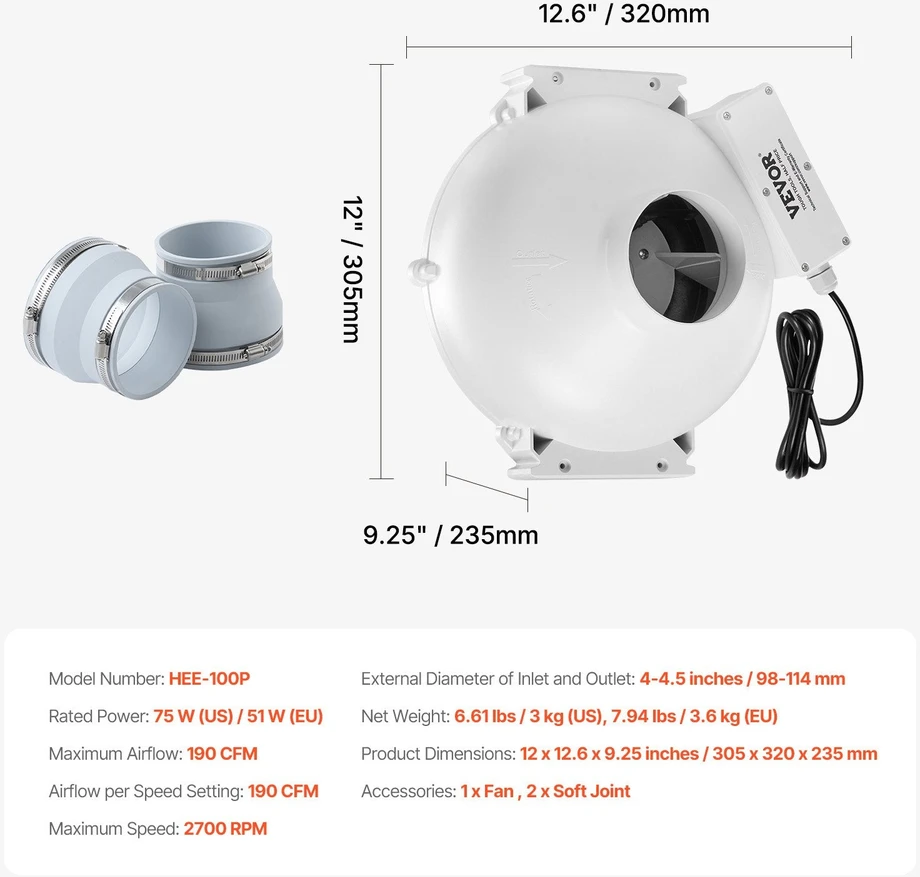 VEVOR Tylus 190 CFM radono ventiliatorius