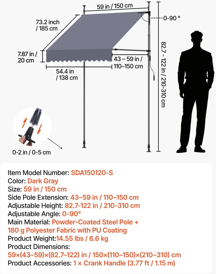 Rankinė ištraukiama markizė VEVOR SDA150120-S, 150 cm pločio