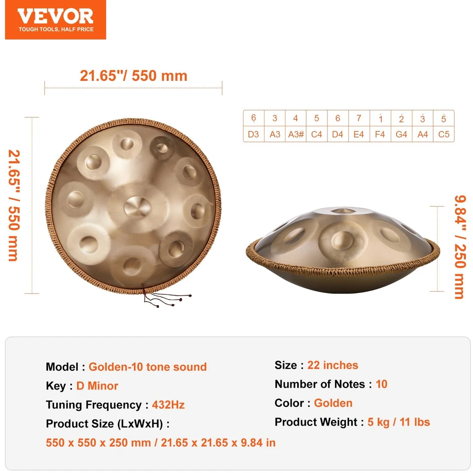 VEVOR 22 colių handpan būgnas su mušikliu