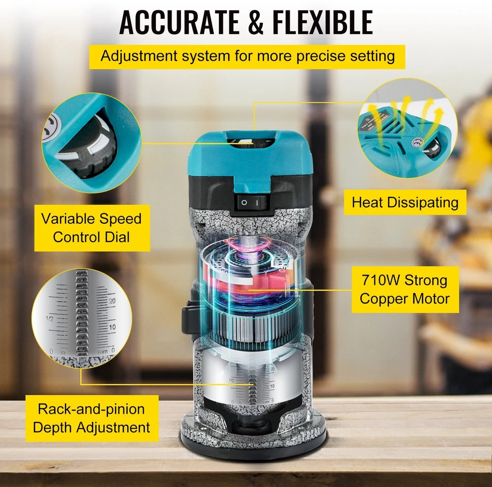 VEVOR Medienos freza 710W su priedais