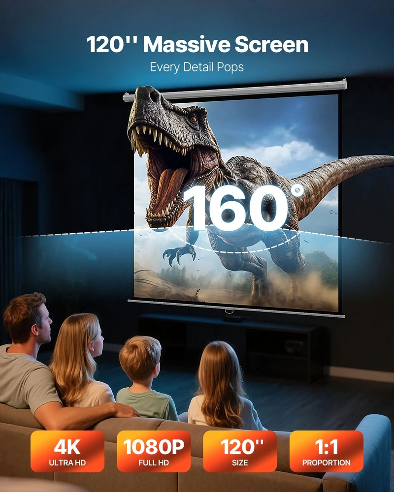 VEVOR Rankinis projektoriaus ekranas, 3048 mm 1:1 4K 1080 HD ištraukiamas nuleidžiamas, sieninis filmų projektavimo ekranas šeimos namų biuro kinui, nešiojamas vaizdo ekranas, prezentacijų ekranas