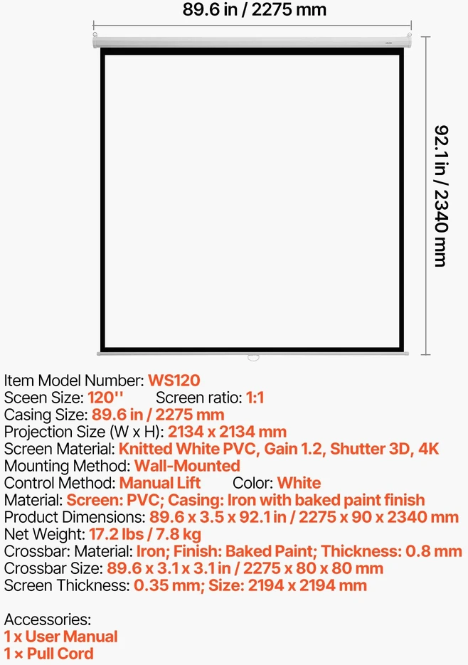 Vevor Rankinis projektoriaus ekranas, 3048 mm