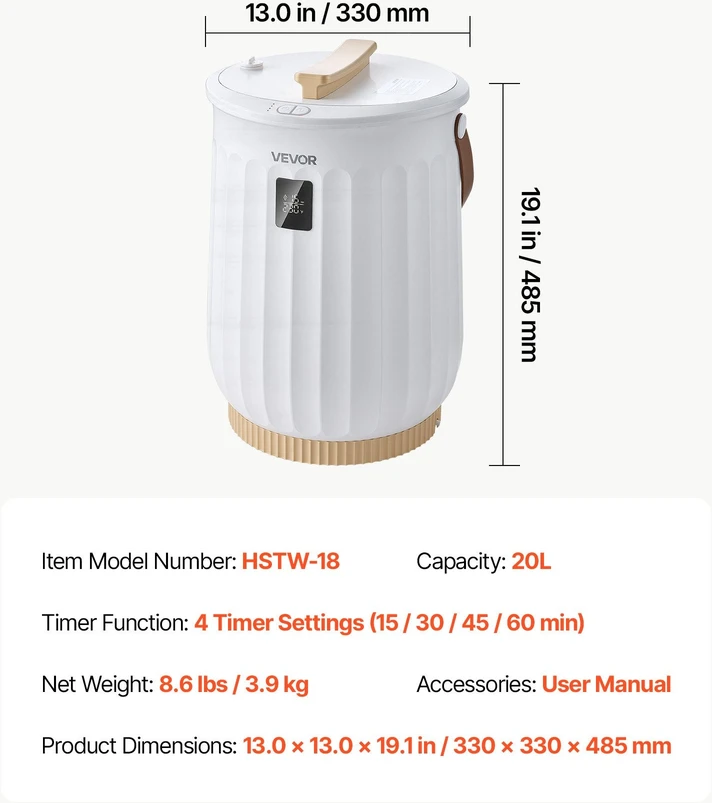 Rankšluosčių šildytuvas VEVOR HSTW-18, 20 l talpa