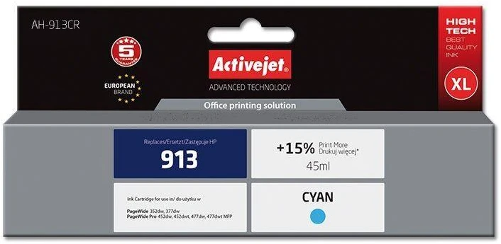 Rašalo kasetė Activejet AH-913CR (pakaitinė HP 913 F6T77AE, Premium, 45 ml, mėlynas)