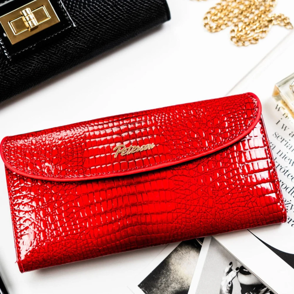 Poziomy, smėlio spalva portfel damski ze skóry ekologicznej su tłoczeniem na wzór skóry krokodyla - Peterson