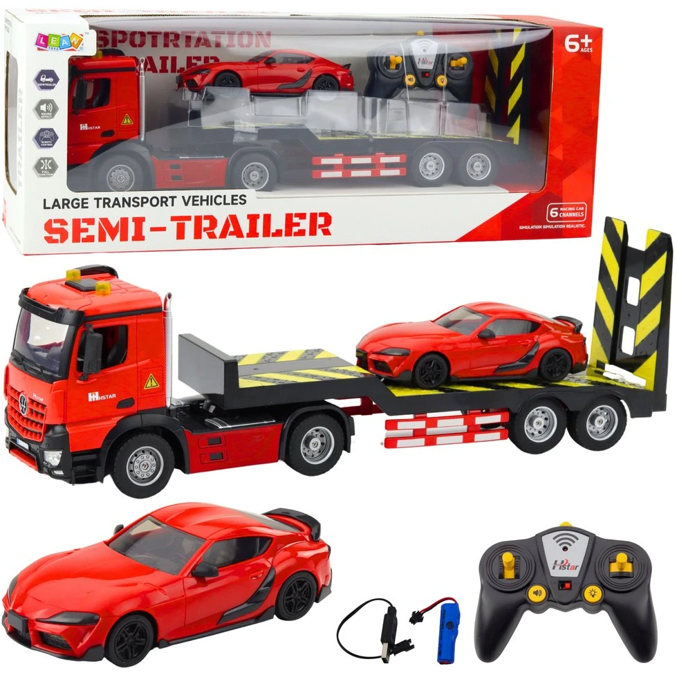 Lean Toys Nuotoliniu būdu valdomas automobilio vilkikas su sportiniu automobiliu 1:16