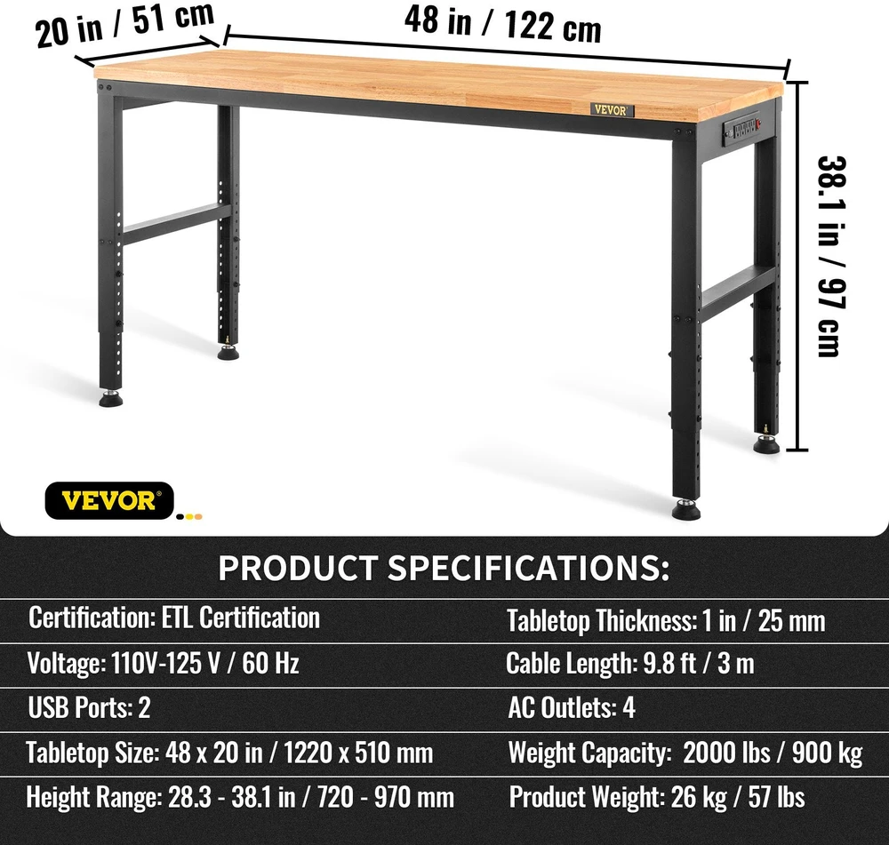 VEVOR Reguliuojamo aukščio darbo stalas 122 x 50 cm su elektros lizdu