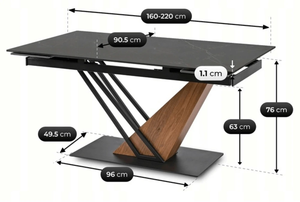 REX 2 stačiakampis ištraukiamas stalas, 180–240 cm, keramika, baltas marmuras/juodas, moderniam lofto stiliaus valgomajam