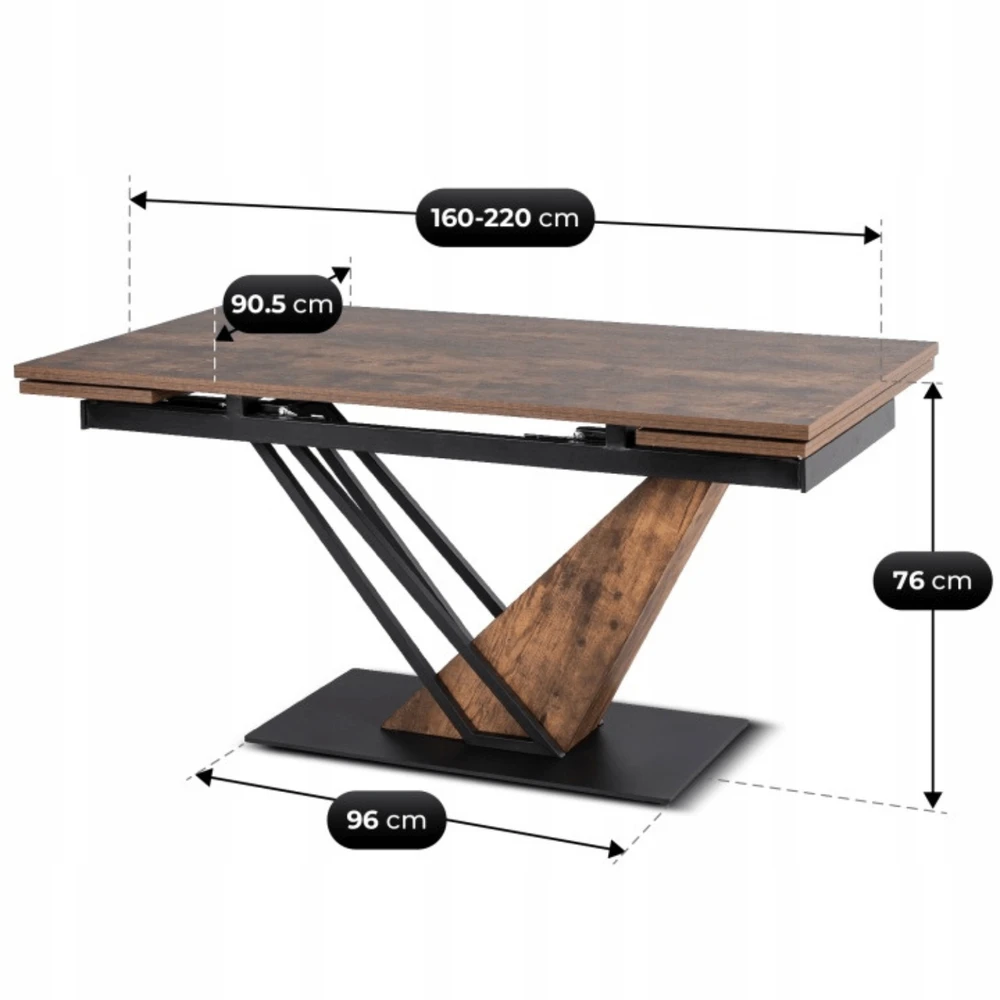 REX išskleidžiamas stalas, 160–220 cm, MDF, kaimiško ąžuolo/juodos spalvos