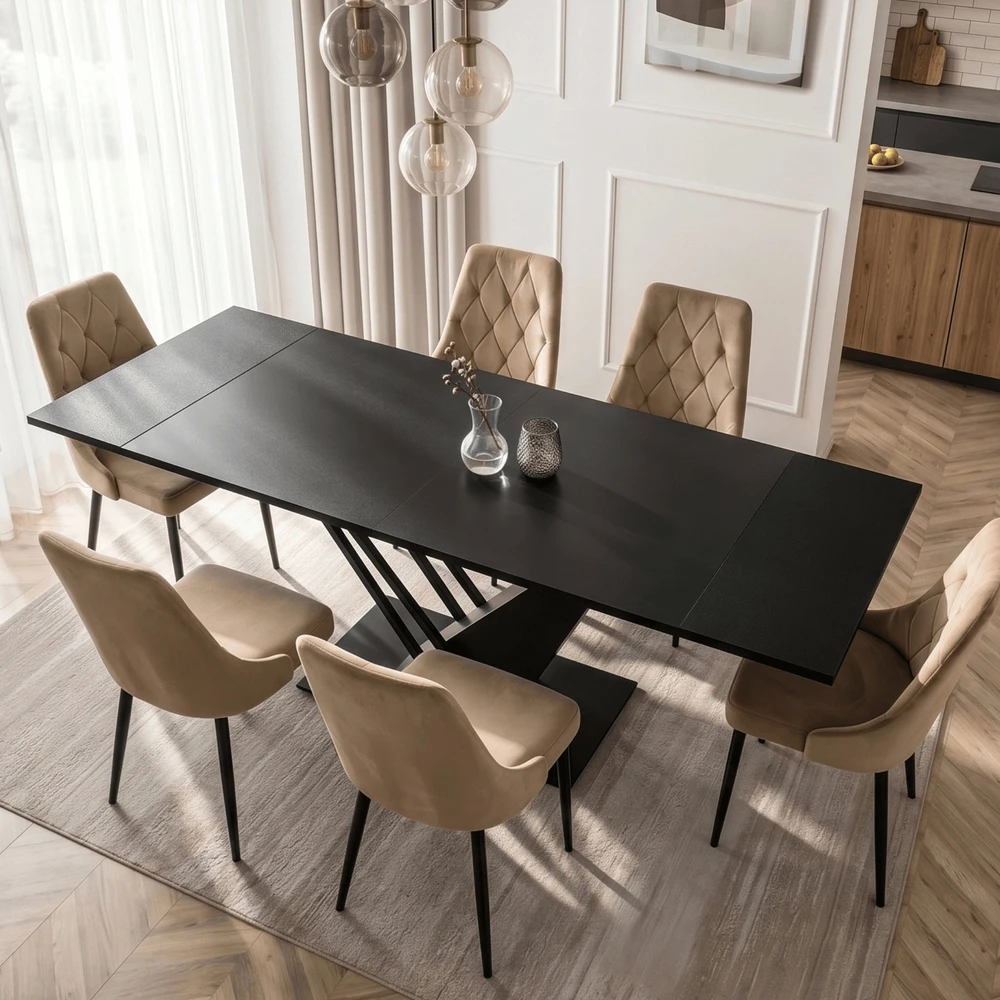 REX stačiakampis ištraukiamas stalas, 160–220 cm, juodas, moderniam lofto stiliaus valgomajam
