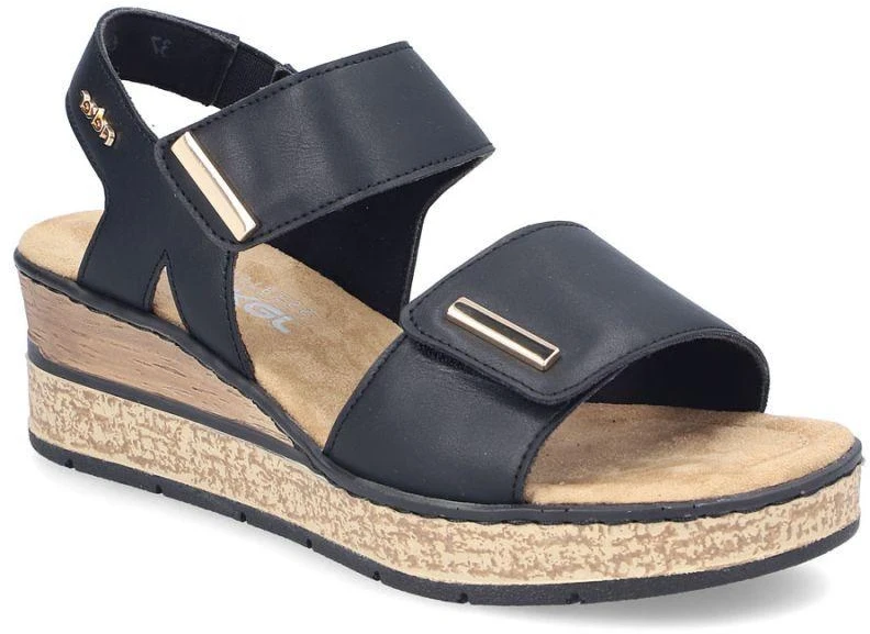 Rieker 63781-00 moteriški juodi pleišto tipo sandalai su lipukais