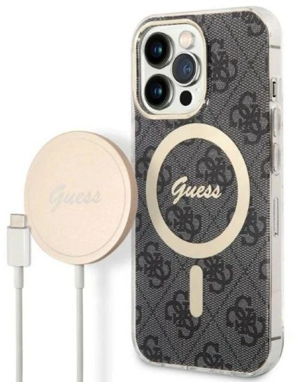Apple iPhone 13 PRO Guess dėklas 4G Print MagSafe + Belaidis Įkroviklis (GUBPP13XH4EACSK) juodos spalvos