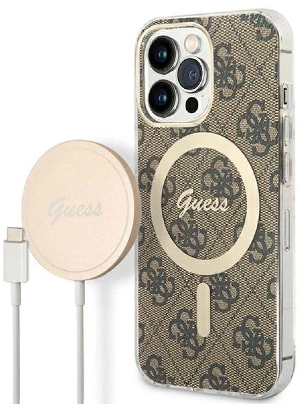 Set Guess GUBPP13LH4EACSW Case+ Charger Apple iPhone 13 Pro dėklas telefonui rudos spalvos 4G Print MagSafe