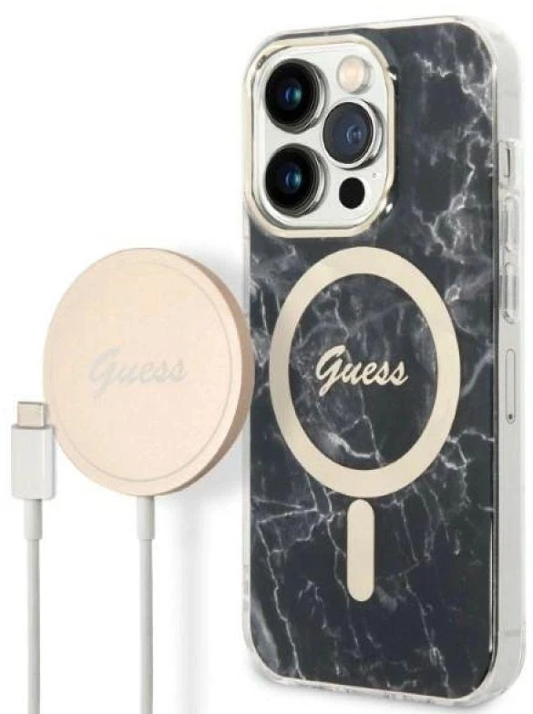 Apple iPhone 14 PRO Guess dėklas Marble MagSafe + Belaidis Įkroviklis (GUBPP13LH4EACSP) juodos spalvos