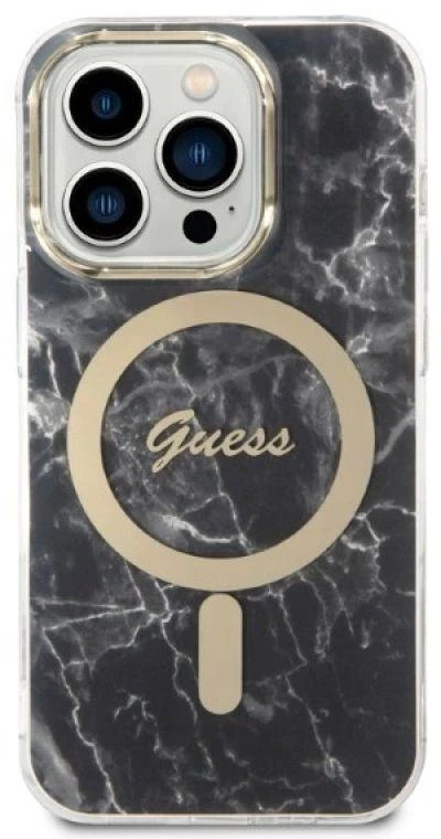 Apple iPhone 14 PRO Guess dėklas Marble MagSafe + Belaidis Įkroviklis (GUBPP13LH4EACSP) juodos spalvos