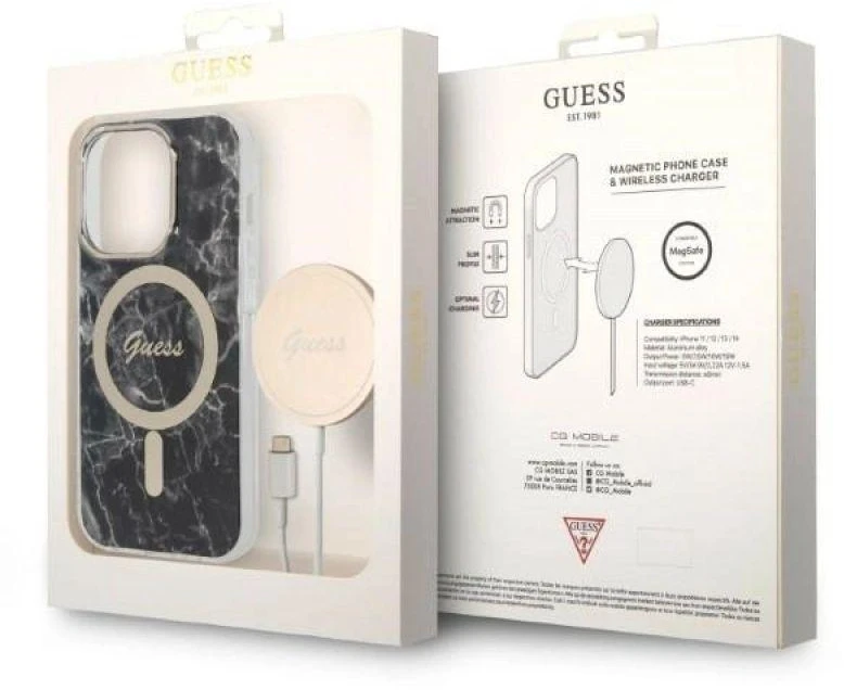 Apple iPhone 14 PRO Guess dėklas Marble MagSafe + Belaidis Įkroviklis (GUBPP13LH4EACSP) juodos spalvos