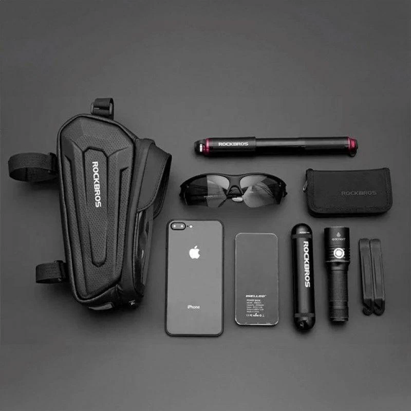 Rockbros B68 dviračio krepšys for armored frame with phone pocket and cover 1.7l – juodos spalvos