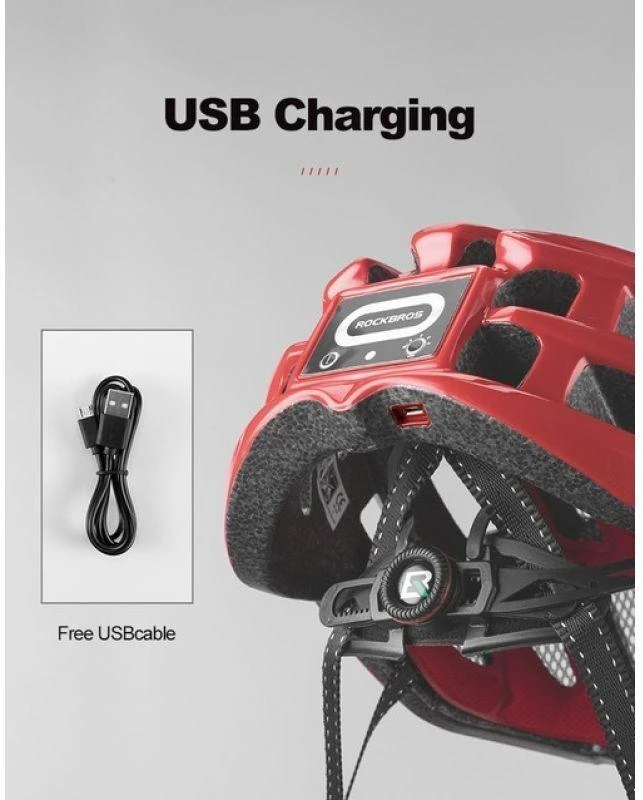 Rockbros MTB dviračio šalmas su šviesele, raudonas, 57-62cm