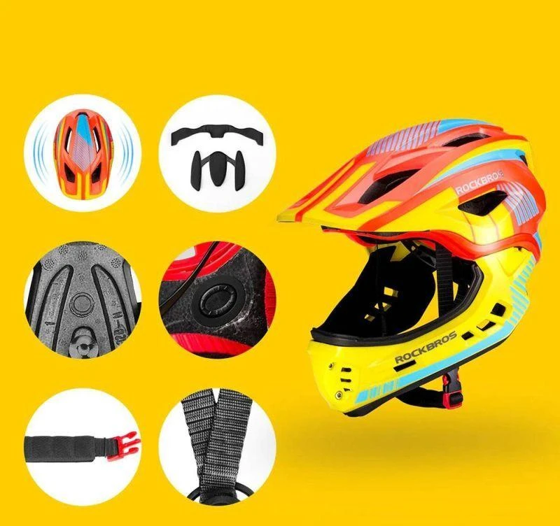 Rockbros TT-32SOYB-M vaikiškas dviračio šalmas su nuimamu smakro apsauga, dydis M – geltonos-oranžinės spalvos
