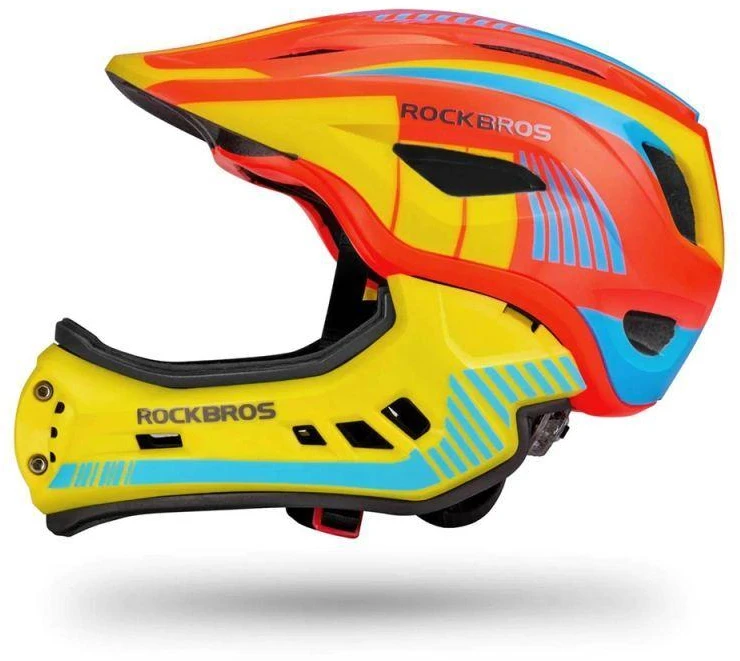 Rockbros TT-32SOYB-M vaikiškas dviračio šalmas su nuimamu smakro apsauga, dydis M – geltonos-oranžinės spalvos