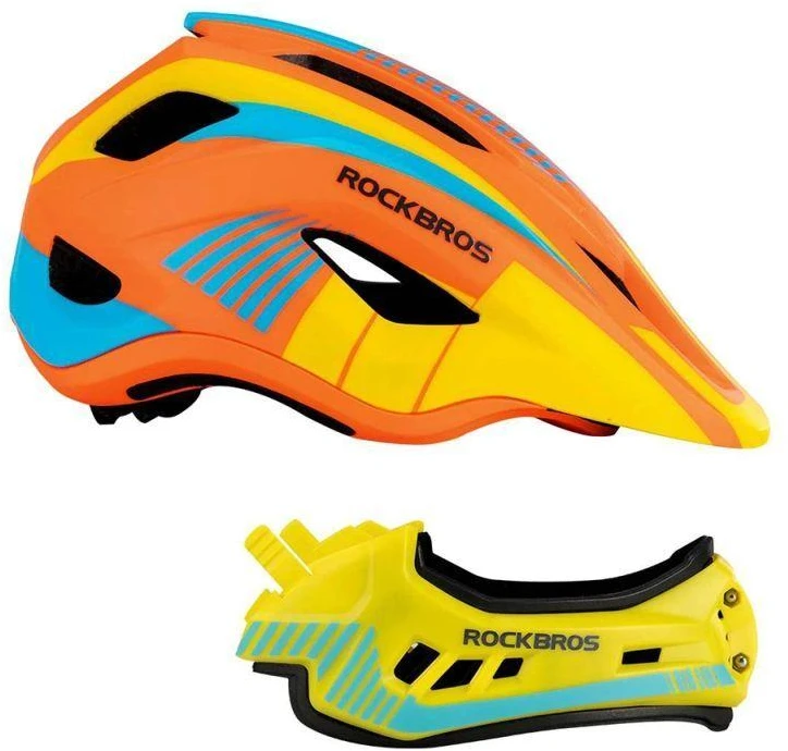 Rockbros TT-32SOYB-M vaikiškas dviračio šalmas su nuimamu smakro apsauga, dydis M – geltonos-oranžinės spalvos