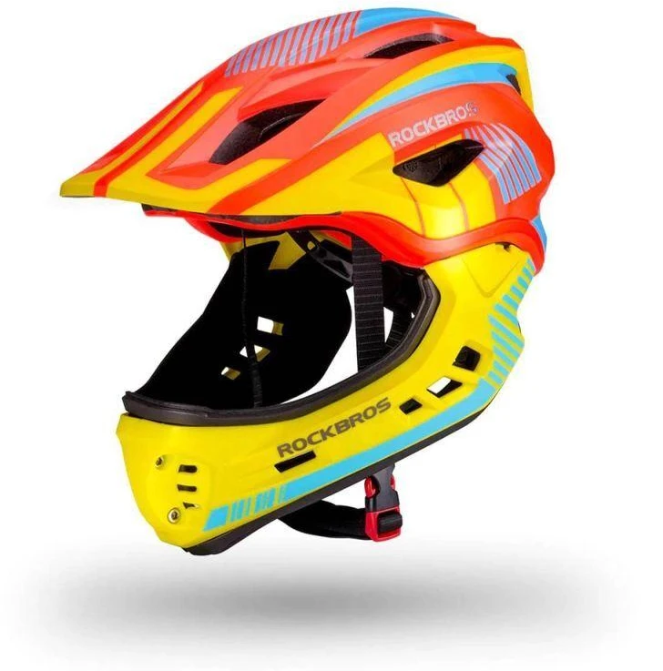 Rockbros TT-32SOYB-S vaikiškas dviračio šalmas su nuimama smakro apsauga, dydis S - geltonai-oranžinis