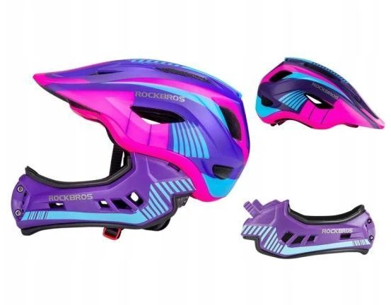 Rockbros TT-32SBPP-M vaikiškas dviračio šalmas su nuimamu smakro apsauga, dydis M – violetinė-rožinė