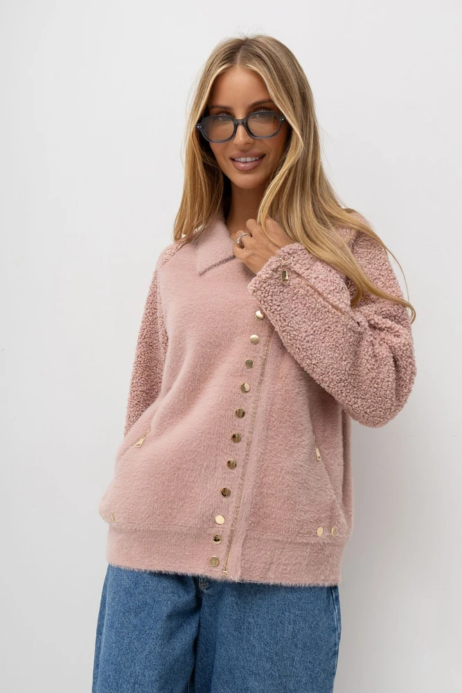 Rožinė boucle striukė su užtrauktuku