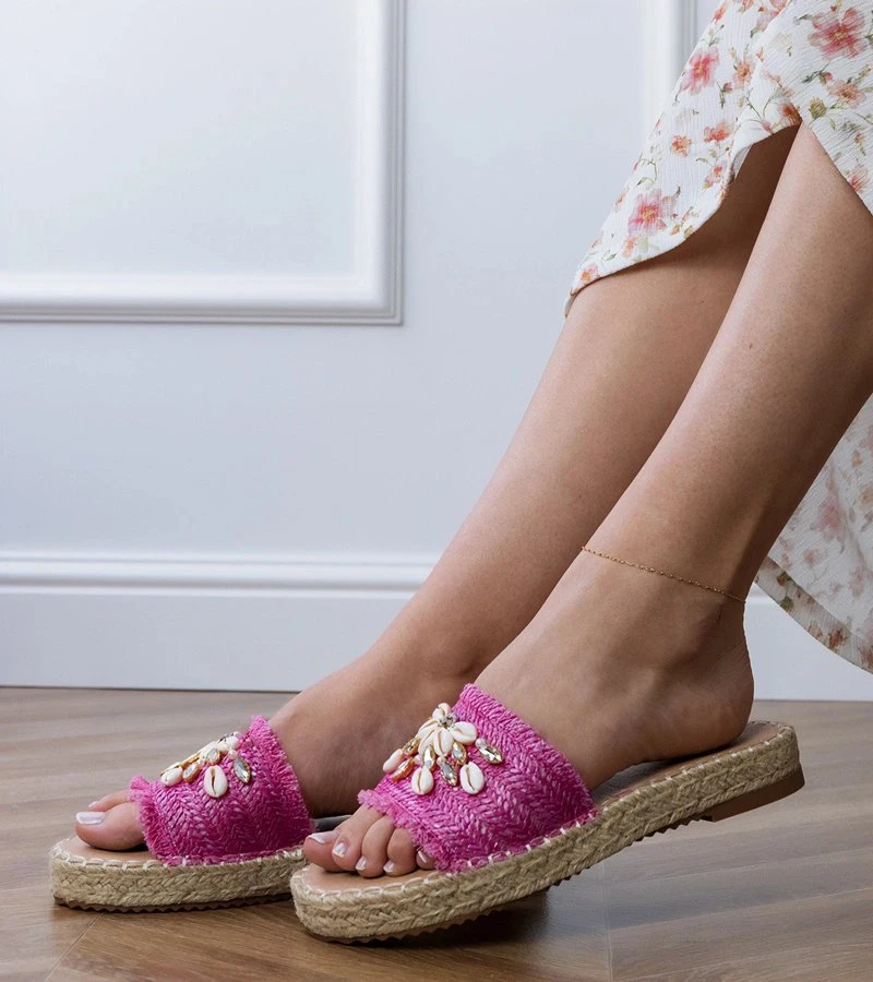 Rožinės pintos espadrilės šlepetės su kriauklelėmis moterims