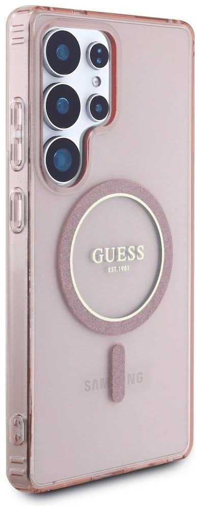 Dėklas Guess Glitter Circle Classic Logo MagSafe skirtas Samsung Galaxy S25 Ultra rožinės spalvos