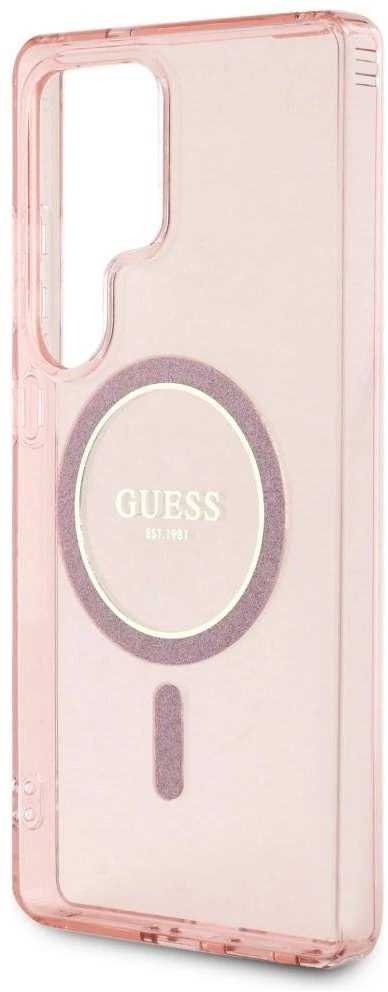 Dėklas Guess Glitter Circle Classic Logo MagSafe skirtas Samsung Galaxy S25 Ultra rožinės spalvos