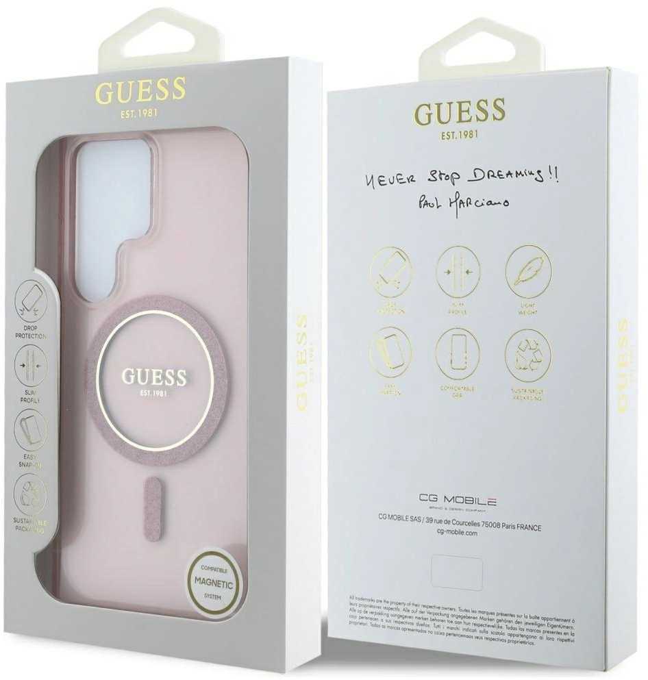 Dėklas Guess Glitter Circle Classic Logo MagSafe skirtas Samsung Galaxy S25 Ultra rožinės spalvos