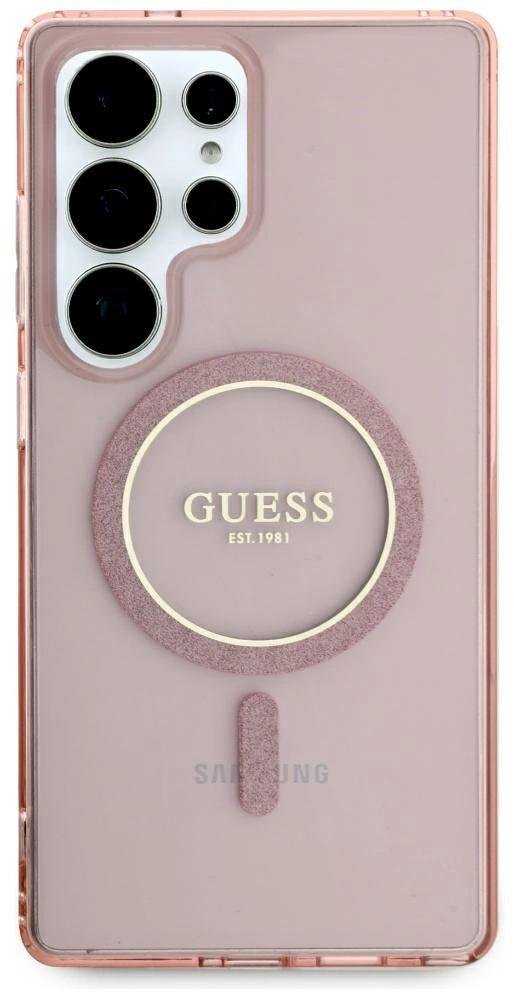 Dėklas Guess Glitter Circle Classic Logo MagSafe skirtas Samsung Galaxy S25 Ultra rožinės spalvos