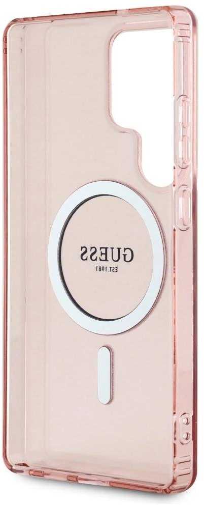Dėklas Guess Glitter Circle Classic Logo MagSafe skirtas Samsung Galaxy S25 Ultra rožinės spalvos