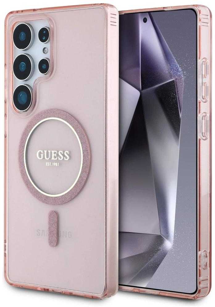 Dėklas Guess Glitter Circle Classic Logo MagSafe skirtas Samsung Galaxy S25 Ultra rožinės spalvos