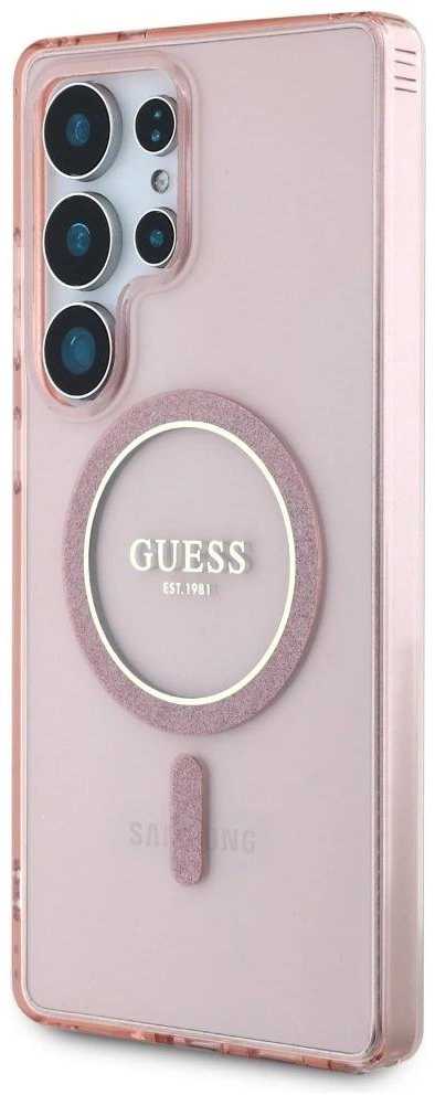 Dėklas Guess Glitter Circle Classic Logo MagSafe skirtas Samsung Galaxy S25 Ultra rožinės spalvos