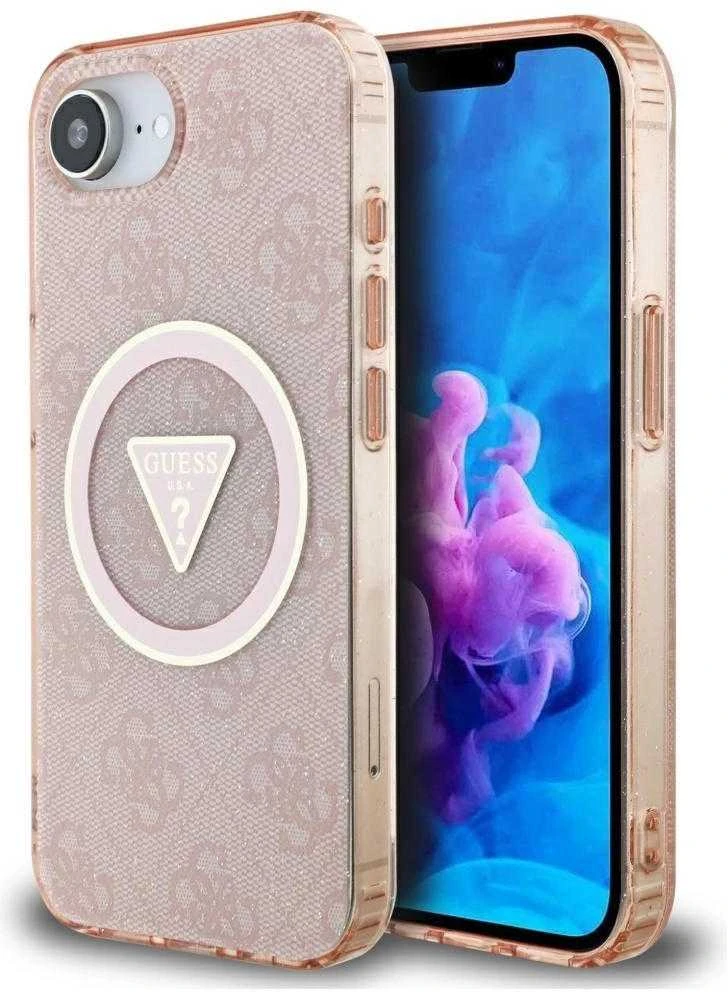 Guess IML Metal Glitter 4G Circle Triangle MagSafe dėklas iPhone 16e - rožinis