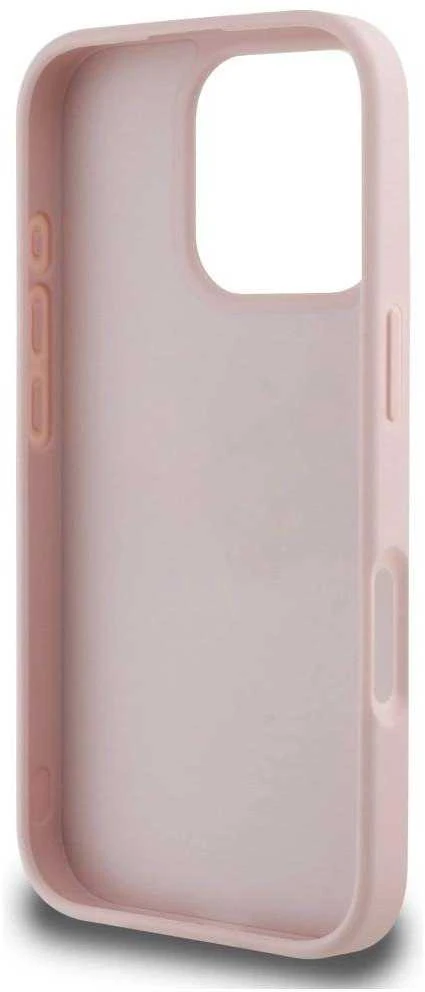Guess PU Grained Roses 4G Metal Logo dėklas skirtas Apple iPhone 16 Pro rožinės spalvos