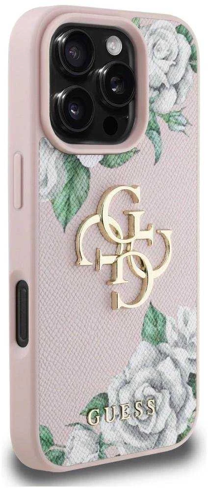 Guess PU Grained Roses 4G Metal Logo dėklas skirtas Apple iPhone 16 Pro rožinės spalvos