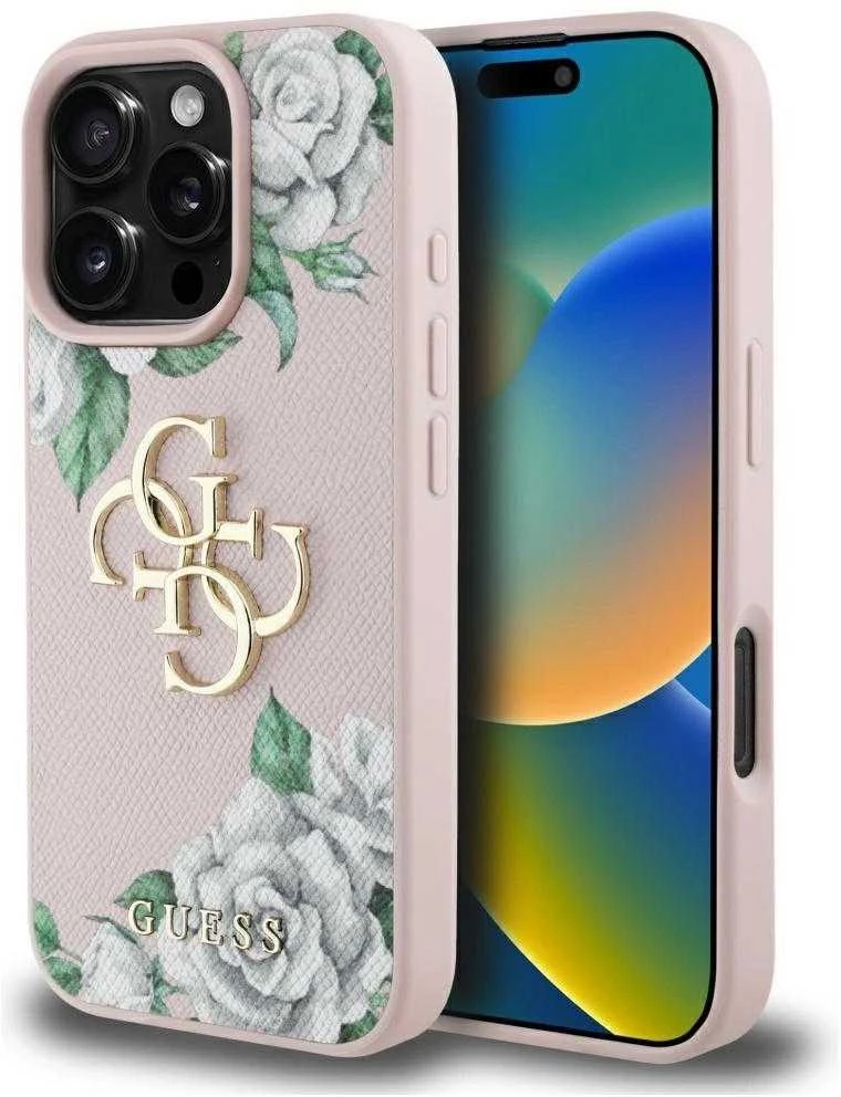 Guess PU Grained Roses 4G Metal Logo dėklas skirtas Apple iPhone 16 Pro rožinės spalvos