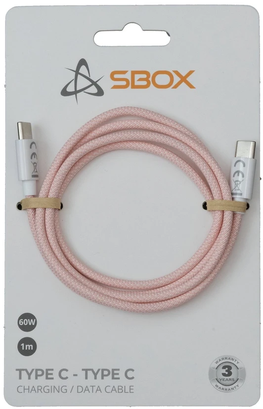 Sbox Rožinis pintas USB-C į USB-C kabelis, 1 m